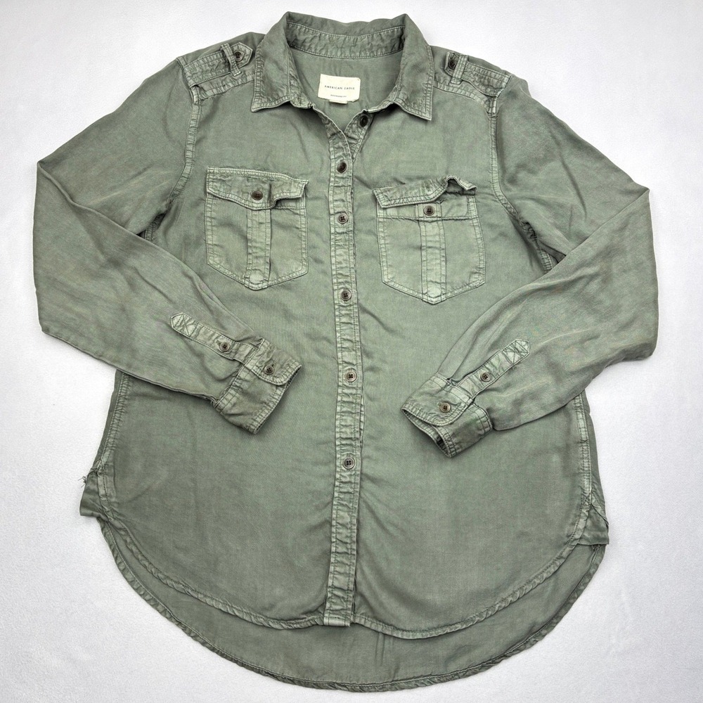 American Eagle Shirt Womens XS Green Lyocell Military Safari Utility Boyfriend